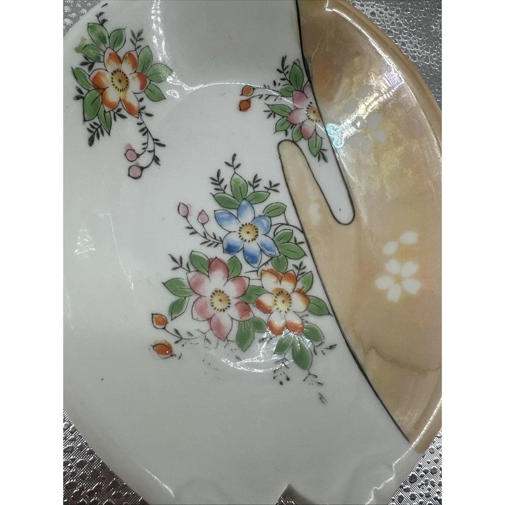 Vintage Made in Japan Hand Painted Floral Lusterware Porcelain Trinket Dish 7in‎
